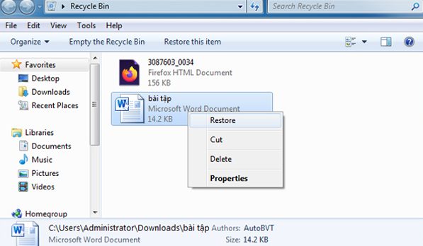 Khôi phục file từ thùng rác (Recycle Bin)