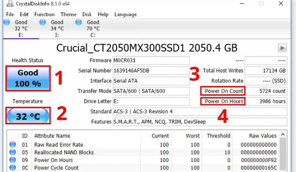 CrystalDiskInfo còn hiển thị số lần bật/tắt & thời gian hoạt động
