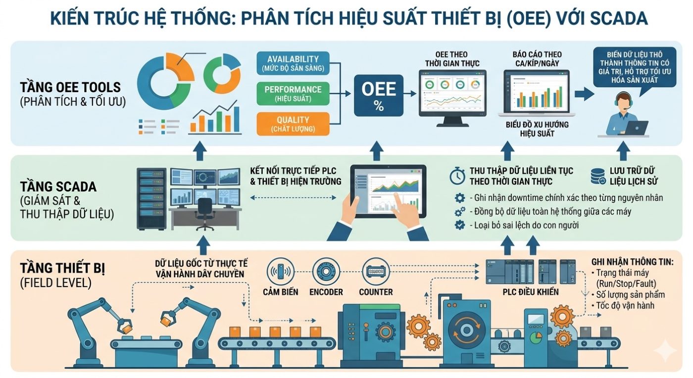 Phân tích hiệu suất thiết bị (OEE) với SCADA cho nhà máy thông minh