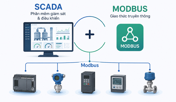 SCADA Modbus là hệ thống kết hợp giữa phần mềm SCADA & giao thức truyền thông Modbus