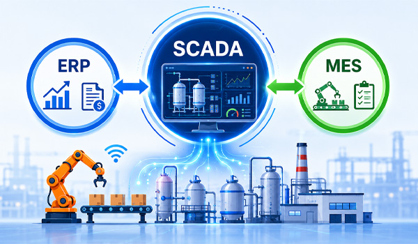 Tích hợp SCADA với ERP/MES là quá trình kết nối & đồng bộ dữ liệu giữa hệ thống SCADA, ERP & MES