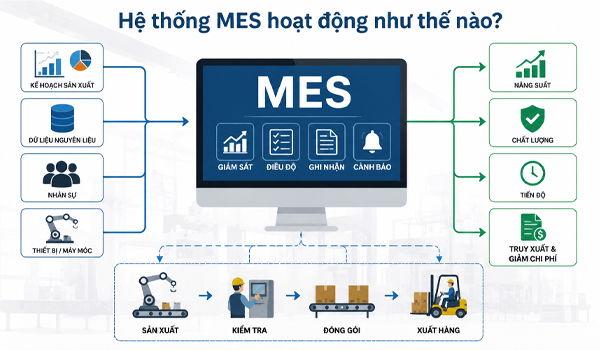 MES hoạt động như một cầu nối giữa tầng quản trị & tầng vận hành của nhà máy