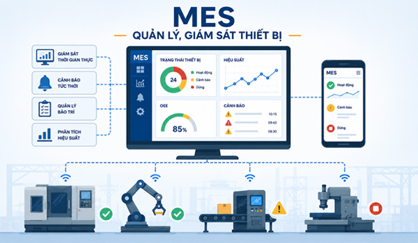 MES kết nối trực tiếp với PLC, cảm biến, SCADA & các thiết bị trong nhà máy để giám sát