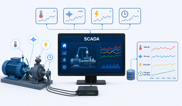 SCADA liên tục ghi nhận các thông số như nhiệt độ, độ rung, thời gian hoạt động của thiết bị