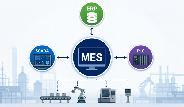 MES cần kết nối với PLC, SCADA, ERP, cảm biến, thiết bị IoT,...