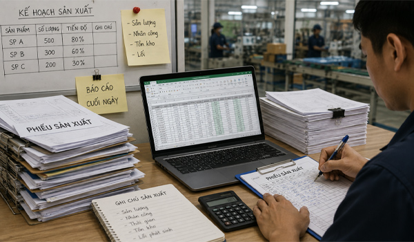 Quản lý sản xuất chủ yếu bằng Excel/giấy tờ ghi chép thủ công